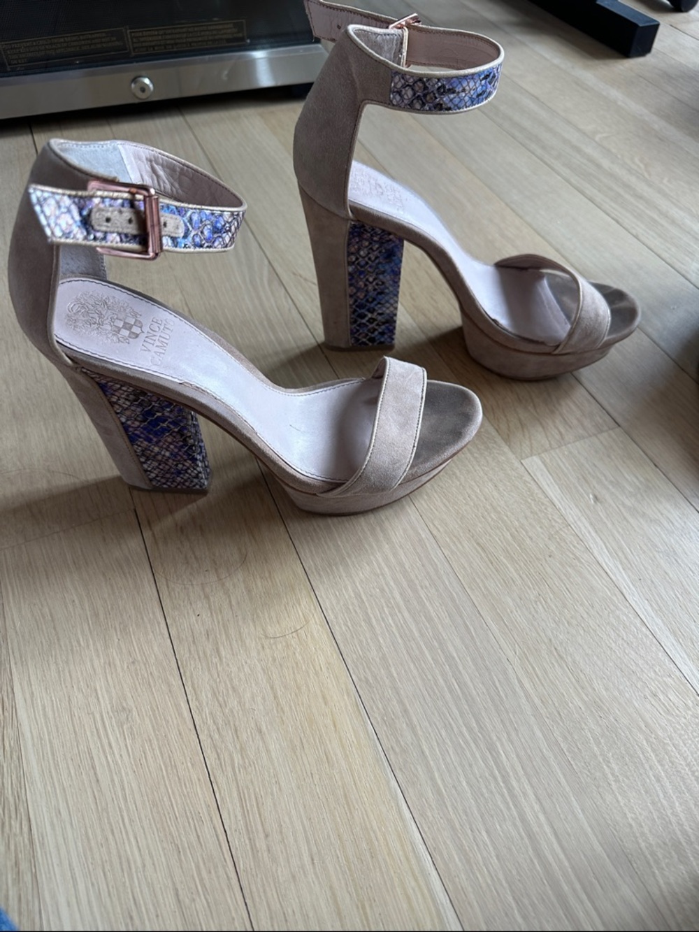 Vince Camuto Taupe Suede Platform Sandals with Snakeskin Accent